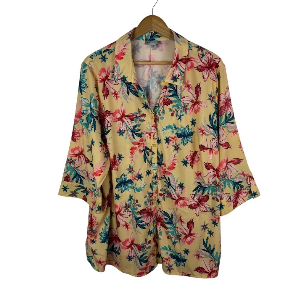 Catherines Floral Button Down Shirt Size 1X Yellow Multicolor Tropical Resort‎